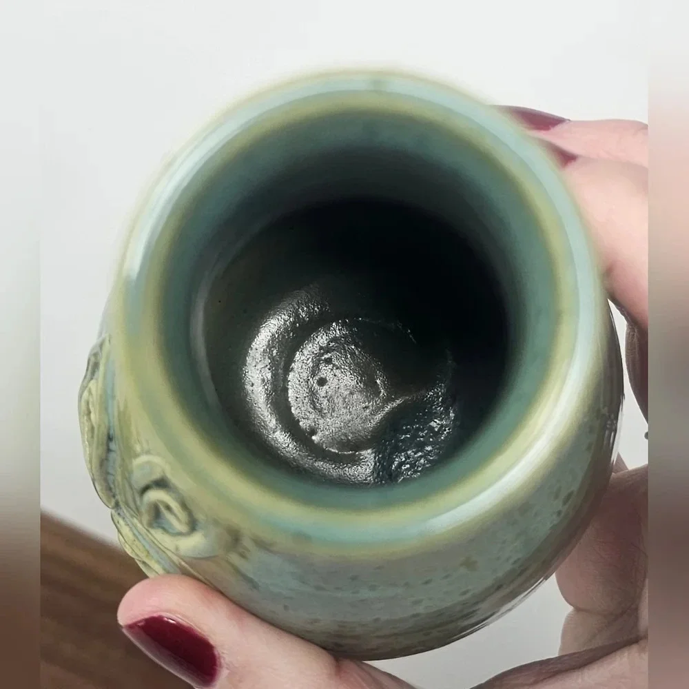 Handmade Pottery Vase Signed By Lana? Green Blue Textured Floral Detailed 6x3